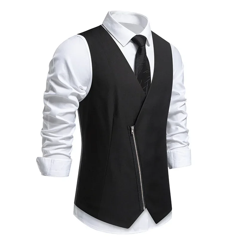 Men's New Autumn and Winter Fashion Solid Color V-neck Oblique Placket Zipper Suit Vest，British Slim-fit Casual Suit Waistcoat