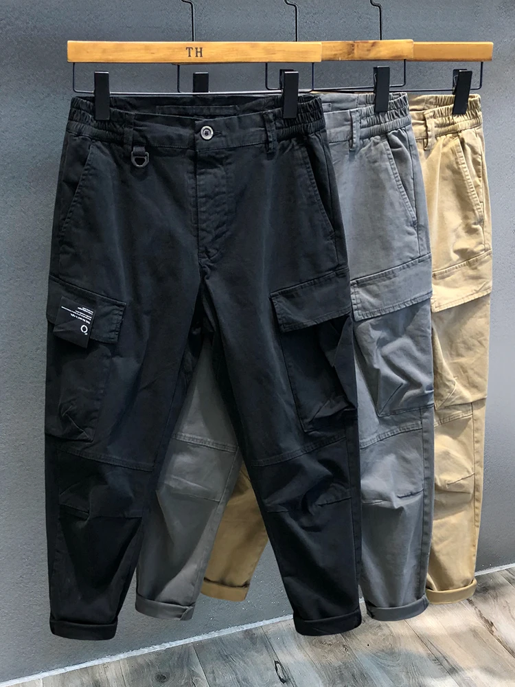 

Мужские повседневные брюки из чистого хлопка на весну, свободного кроя, модные, с манжетами, для работы, прочные, молодежные, цвет хаки