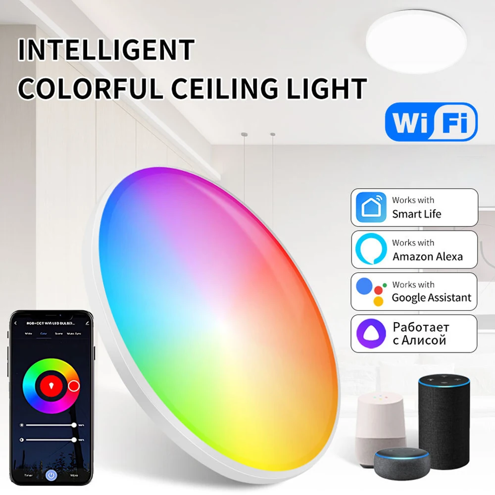 

Tuya Smart WiFi светодиодный потолочный светильник 24 Вт 220 В с регулируемой яркостью RGB окружающее освещение приложение голосовое управление потолочный светильник работает с Alexa Google Home