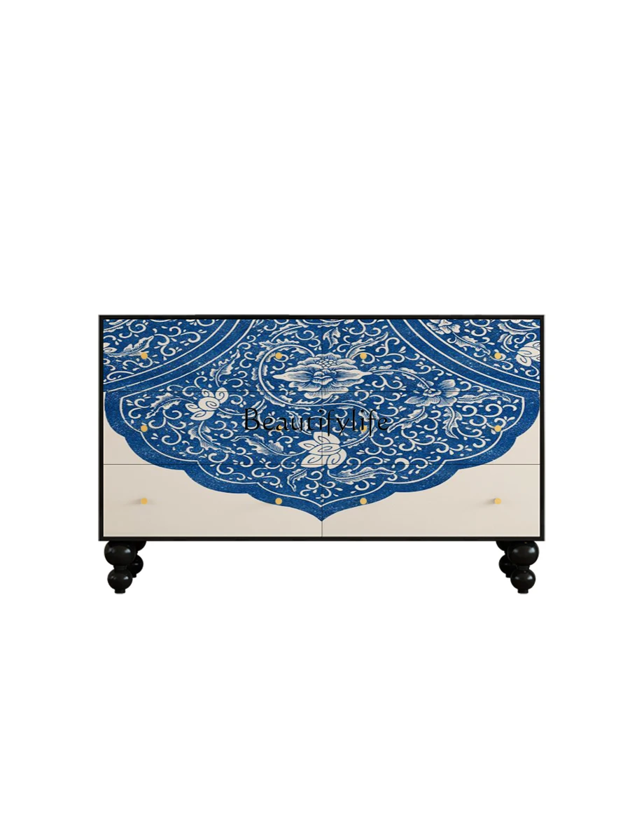 New Chinese Style Blue and White Porcelain Solid Wood Entrance Cabinet Living Room Six-Drawer Storage Cabinet