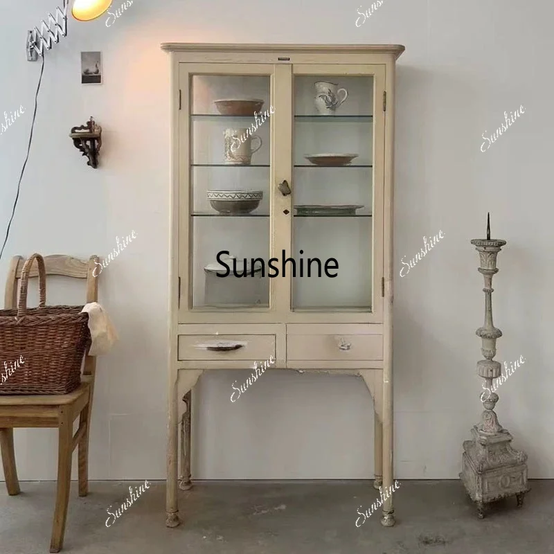French retro old glass side cabinet/display, double door display