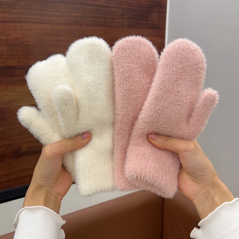 

New Cute Rabbit Wool Gloves Winter Warm All Finger Mittens Solid Color Plush Gloves Handmade Fashion Thicken Fingerless Gloves