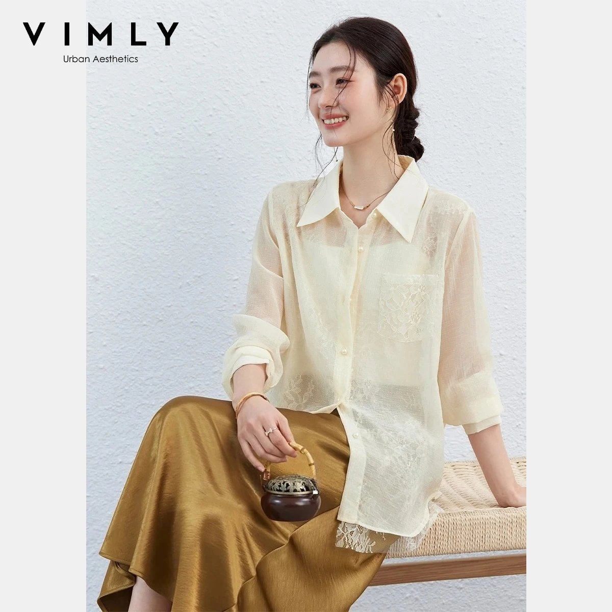 

Женская шифоновая блузка VIMLY с кружевными вставками, новинка весны 2026, с вырезами, кружевной отделкой, драпировкой, прозрачная, легкая, с длинным рукавом, модель 30727