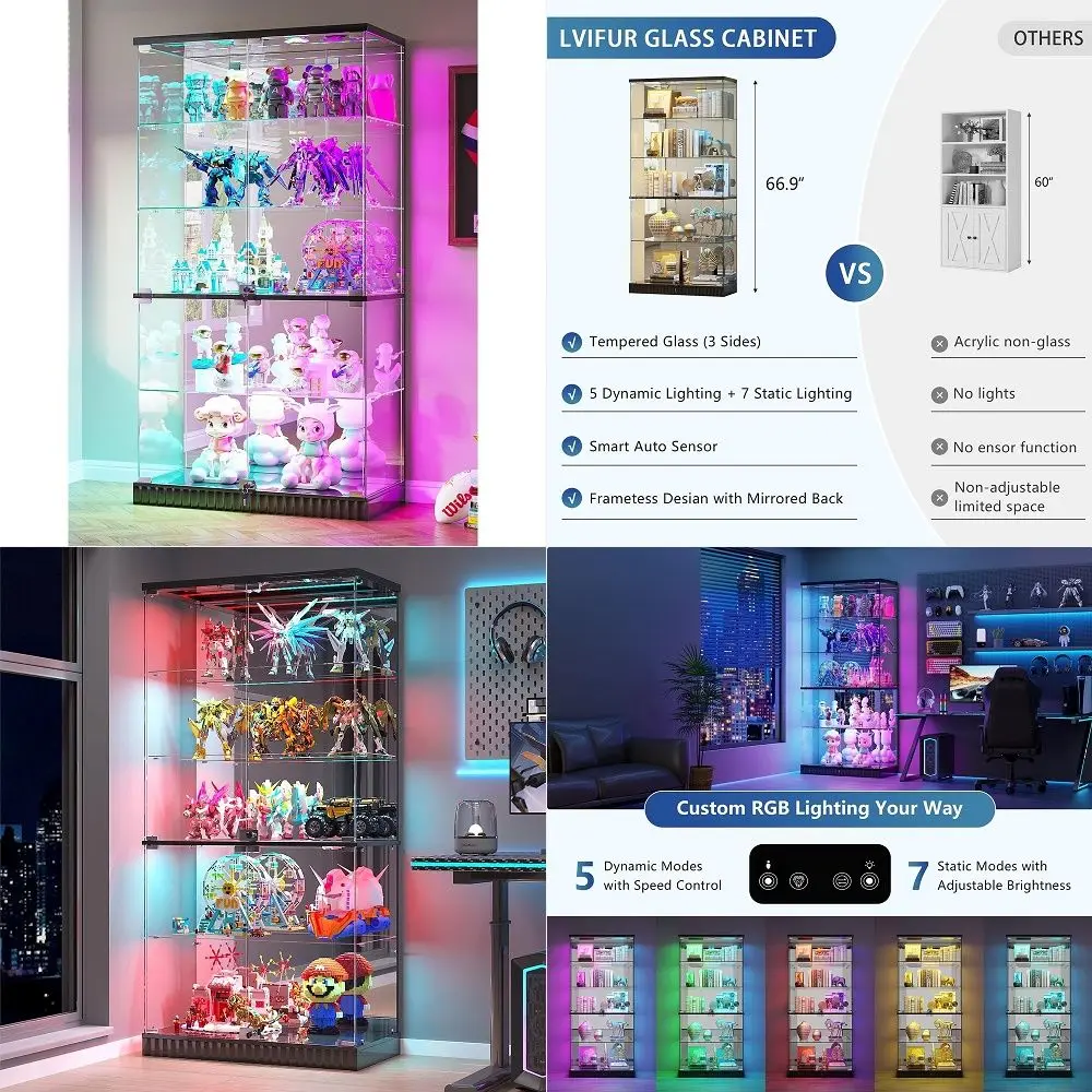 Vitrine mit Bewegungssensor-RGB-Beleuchtung, 5-stufiger Kuriositätenschrank mit Schloss, Rahmenlose Hohe Ausstellungsvitrine