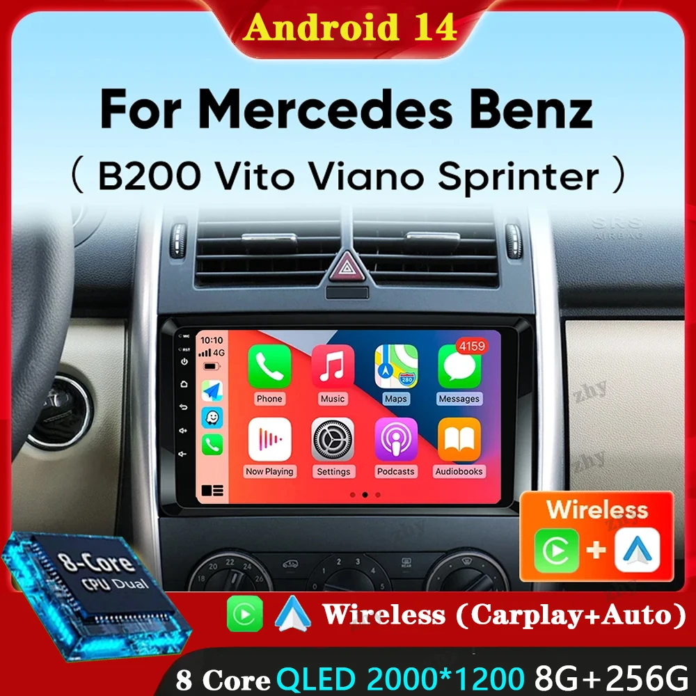 Carplay Car Radio Android 14 For Mercedes Benz B200 W169 W245 Viano Vito W639 Sprinter W906 Navigation GPS Multimedia Player BT