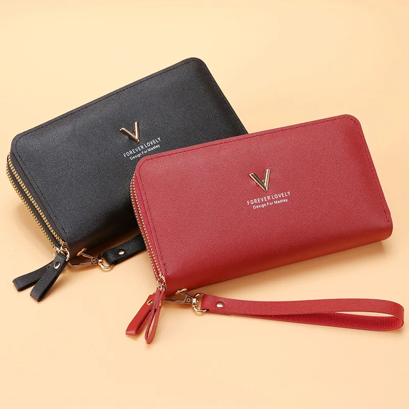 Women Double Zipper Wallets Fashion V Female Solid Color Leather Coin Purses Ladies Long Wristband Card Holder Clutch Bag