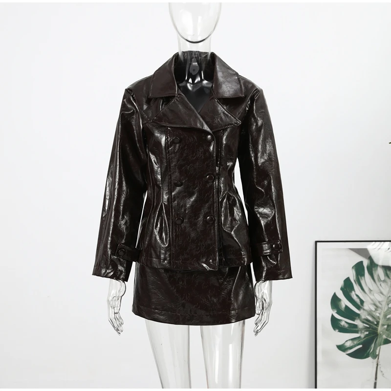 Solid PU Leather Women's Jacket Mini Skirt Set Lapel Neck Full Sleeve Double Breasted Coat Suit 2025 Autumn Stylish Edgy Outfit