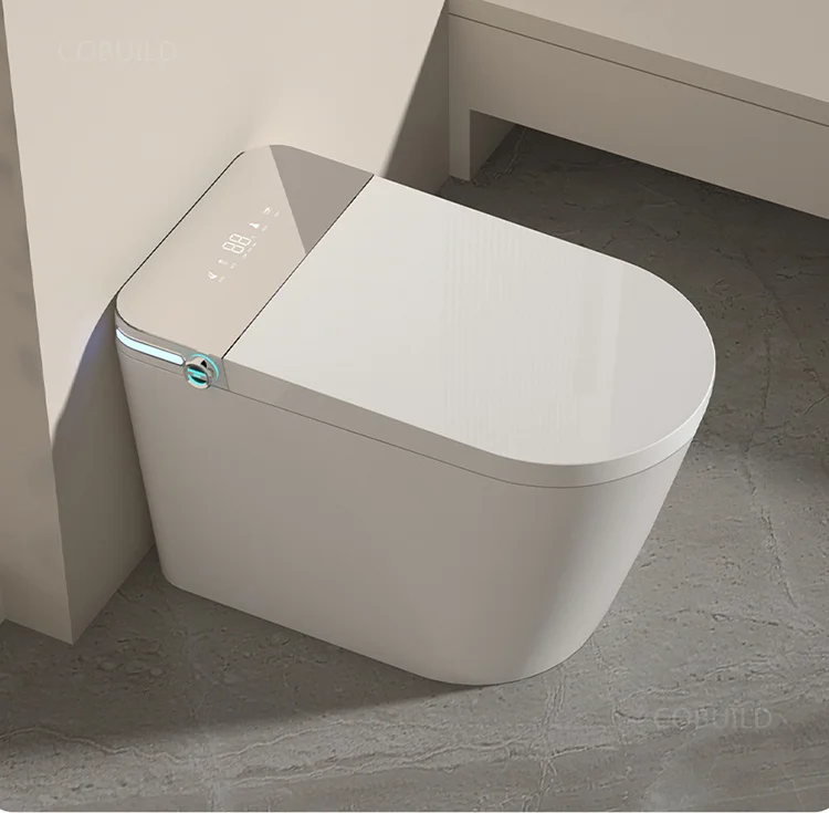 Smart Toilet Bidet Digital Display Freestanding Tankless Design Automatic Flush Remote Control Function Elongated Bowl Shape
