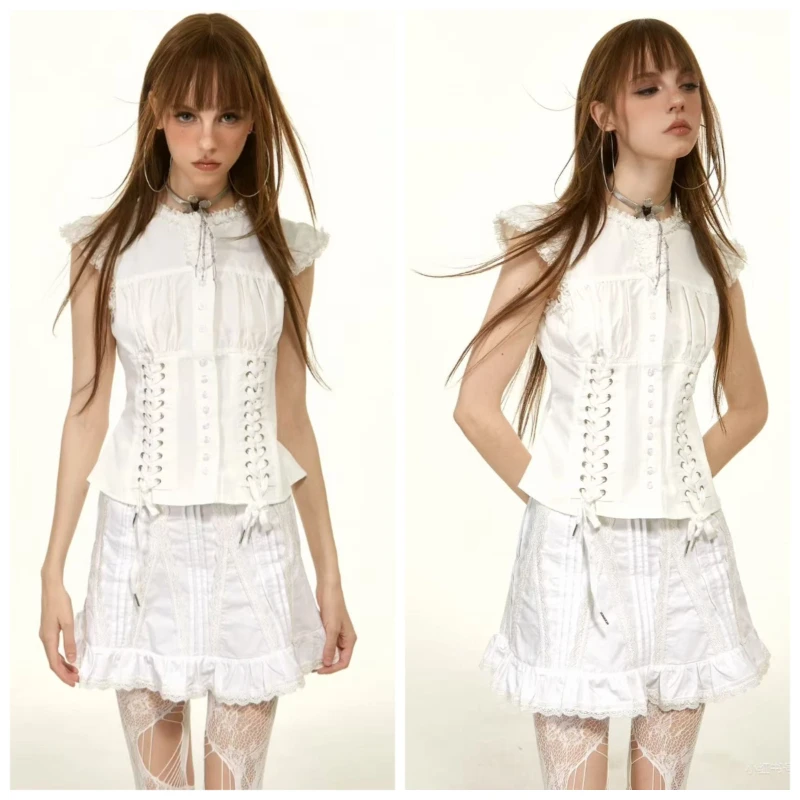 Retro American Lace Button Bandage Slim Short Blouses Ladies Y2k Harajuku Figure-flattering Crop Tops Daily Street Fashion Tees