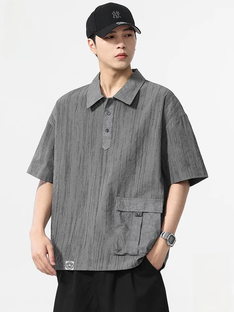 

Льняная рубашка PaulFrank с коротким рукавом, мужская, летняя, в американском ретро-стиле, с текстурным воротником, свободного кроя, молодежная, трендовая, из полиэстера.