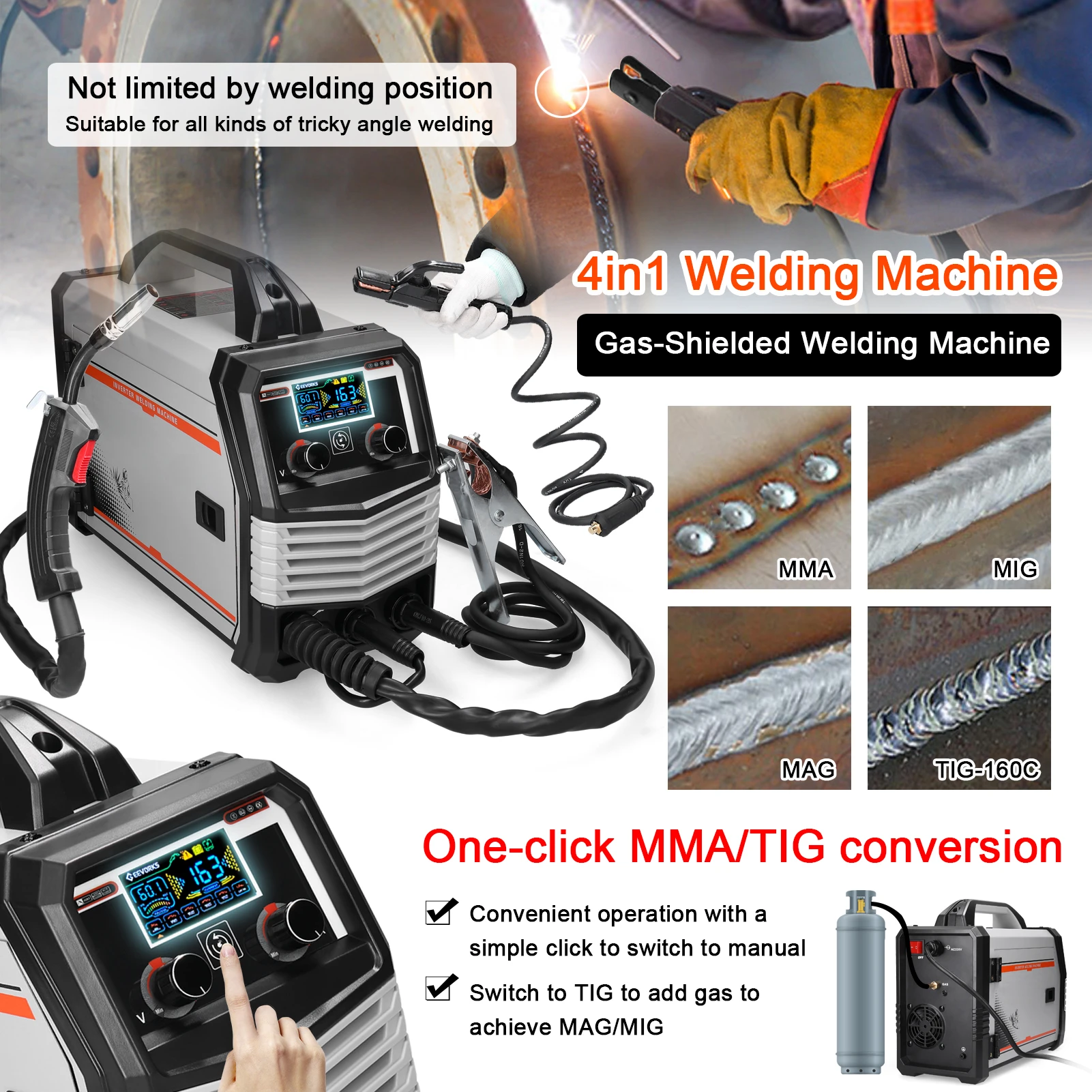 

4in1 MIG MMA MAG TIG-160C Welders Multipurpose Electric Welding Machine LCD Display 120A Large Current Intelligent Welders