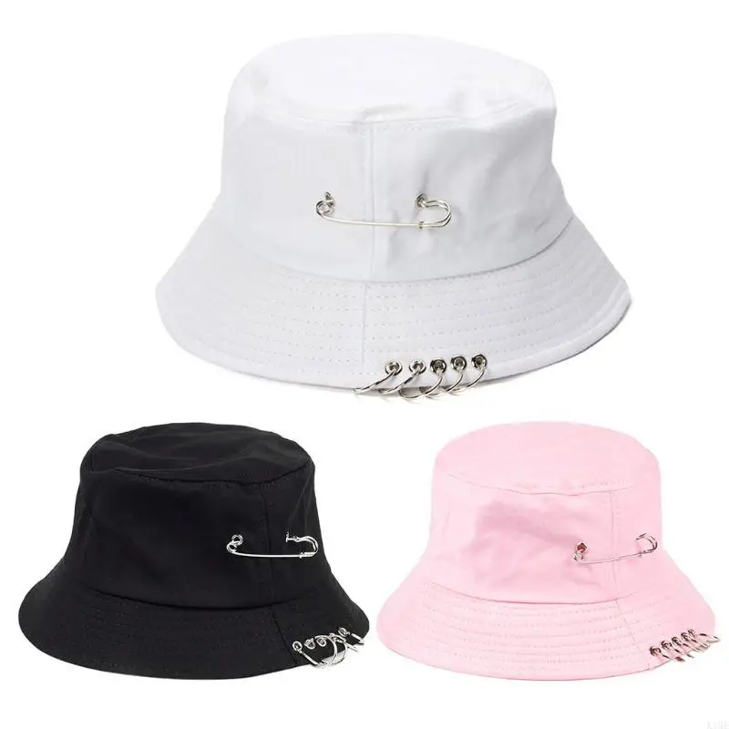 

K1ME Hip Hop Metal Pin Rings Cotton Bucket Hat Outdoor Sunscreen Panama Fisherman