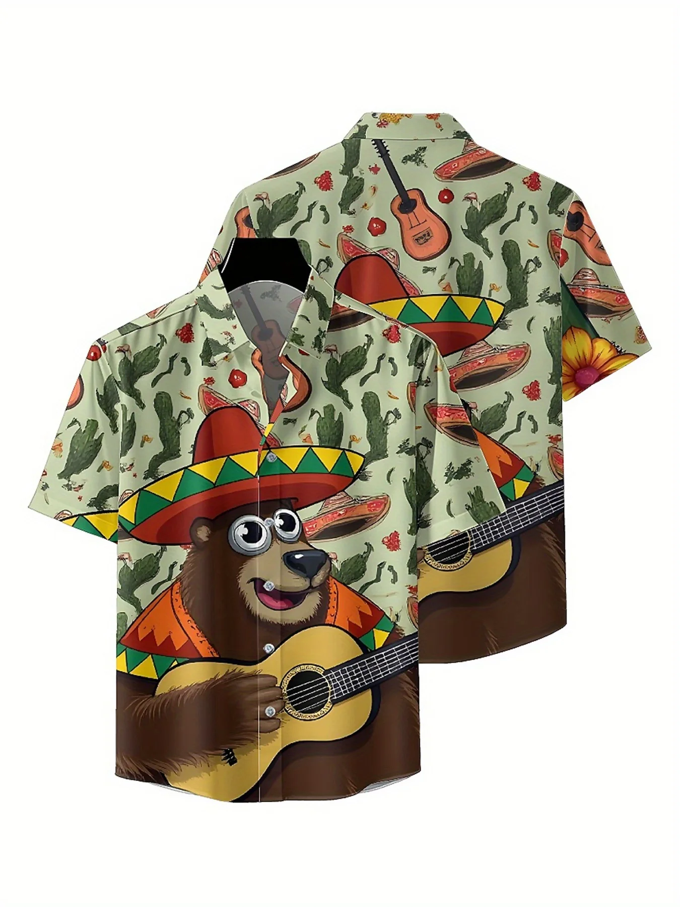 Men's Plus Size Hawaiian Shirts Bear Playing Guitar Pattern,New Summer Fashion Tops,Hip Hop Streetwear