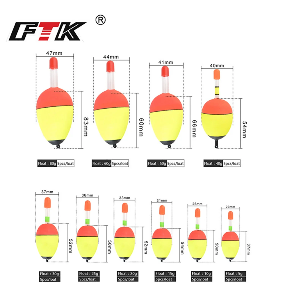 FTK 5PCS EVA Luminous Fishing Night Float Light Stick Foam Plastic Bobber Sea Rock Fishing Striking Floats Fishing Accessories