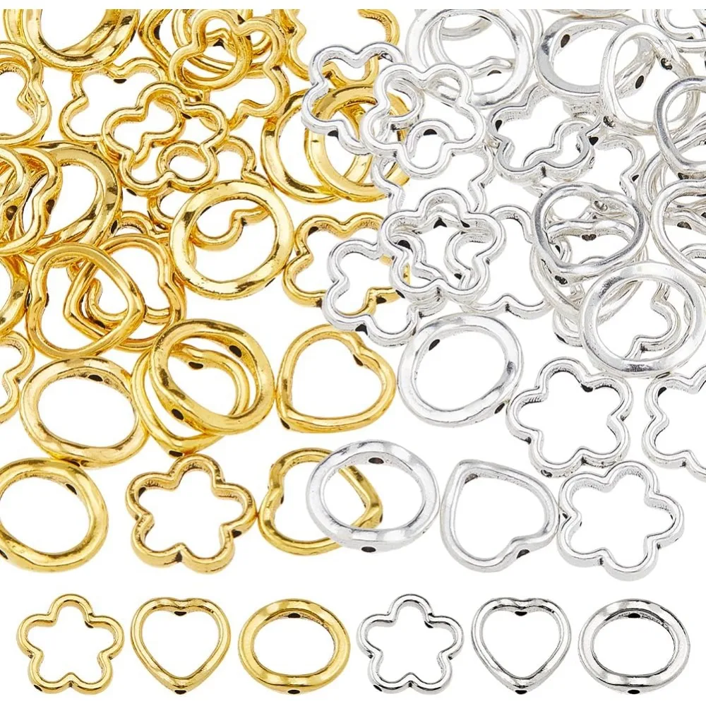 

120pcs Hollow Bead Frame 6 Styles Alloy Heart Flower Round Beads Frames and Double Hole Beading Frame for Jewelry