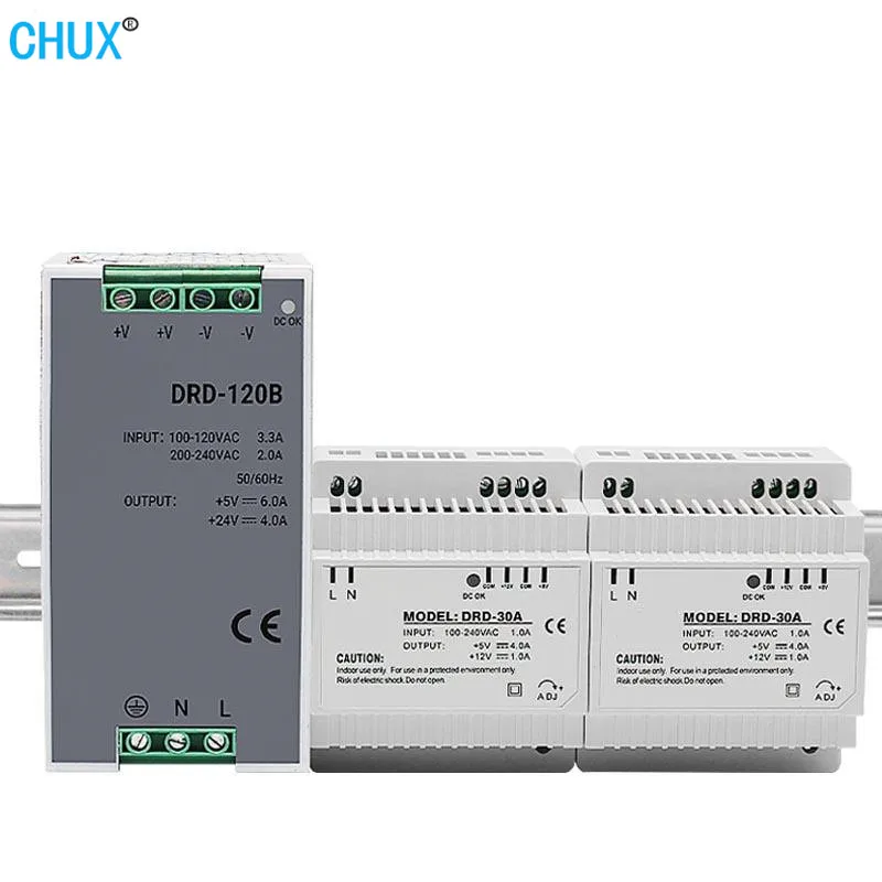 CHUX Dual Group Output Switching Power Supply 30W 60W 100W 120W 5v 12v 24v Din Rail Type AC DC LED Power Supplies