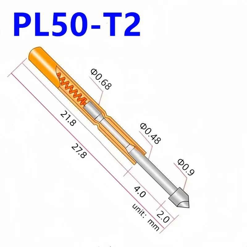 20/100PCS PL50-T2 Spring Test Pin PL50-T Test Probe Copper Pogo Pin Metal Test Needle Test Tool 27.8mm Dia 0.68mm 0.90mm 0.48mm