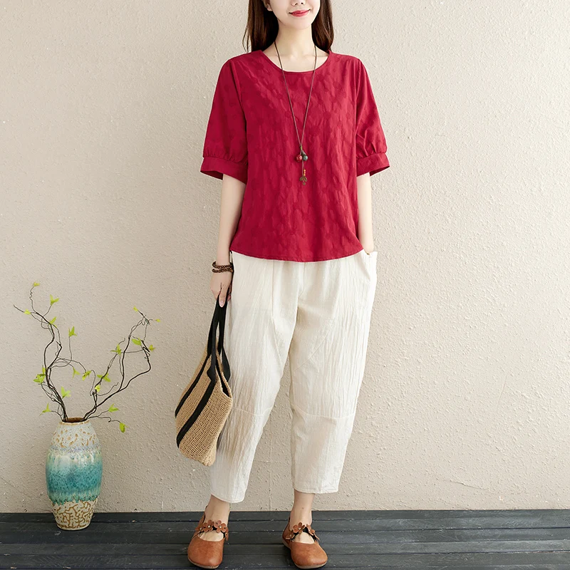 2024 Summer Women 2Pcs Solid Short Sleeve Blouse+Pants Office Lady Cotton Linen Set Casual Loose Fashion Tops And Trousers Sets