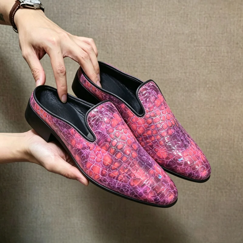 Men Pointed Toe Mule Loafers Crocodile Print Backless Slip On Leather Dress Shoes Men Half Slippers Party Wedding Footwear