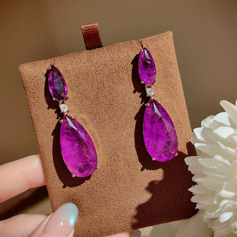 European and American Earrings Cotton Violet Water Drop Earrings High Quality Crystal Pear Shaped Eardrops for Women KOFSAC