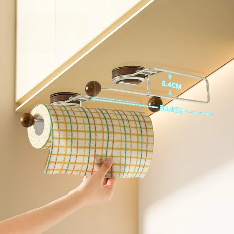 Suction Cup Kitchen Paper Towel Holder Walnut Wood Punch Free Hook Solid Wood Plastic Wrap Hanger for Household Use Bathroom
