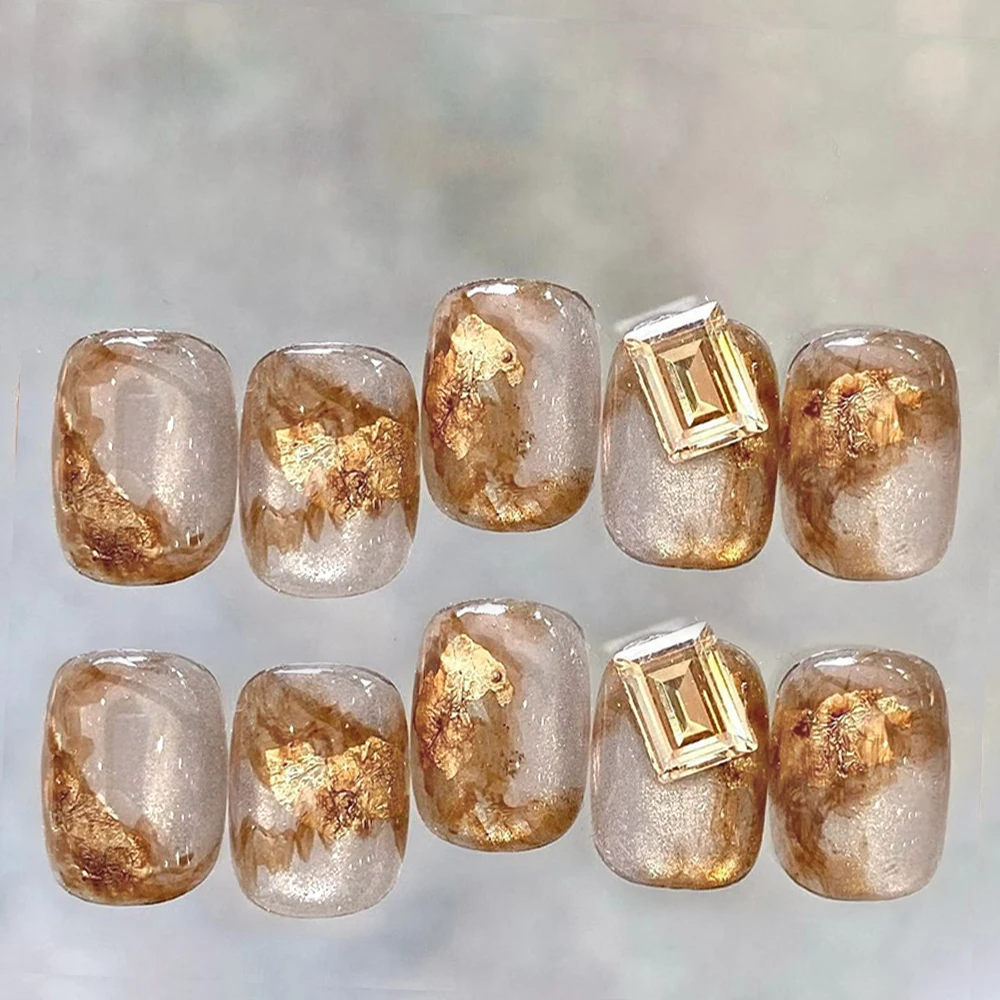 

10pcs Short Fake Nails Handmade Gold Foil Autumn Press on Nails Amber Blooming Charms Diamond Press On Wearable Finger Tips