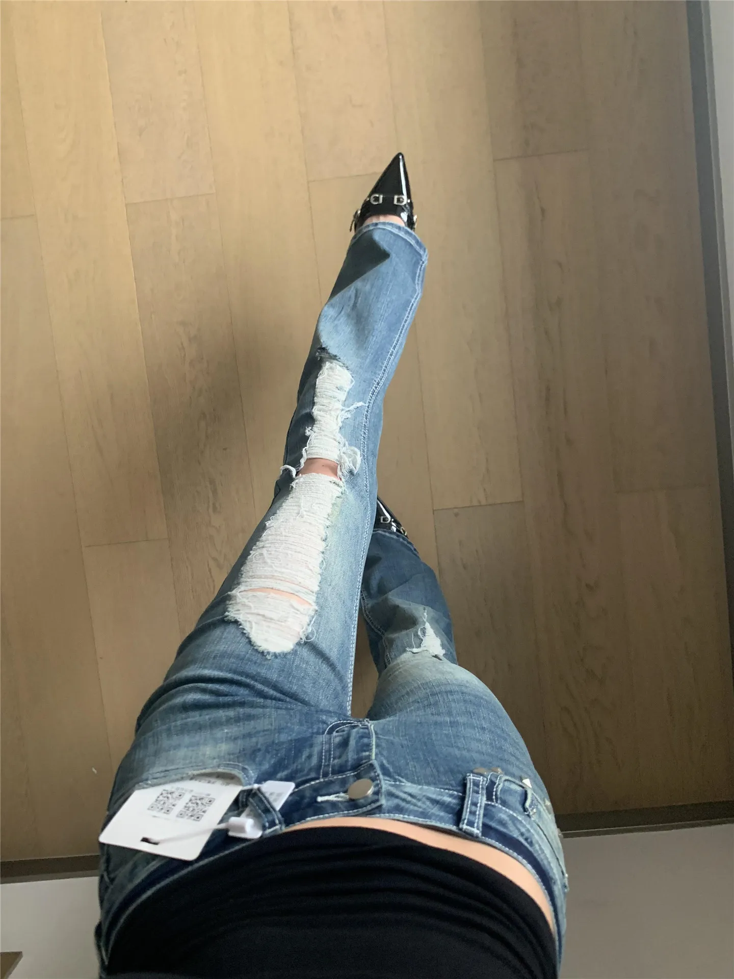 

Retro American Blue Low Waist Distressed Flare Denim Jeans Women's Slimming Long Summer Pants High Rise Floor Length
