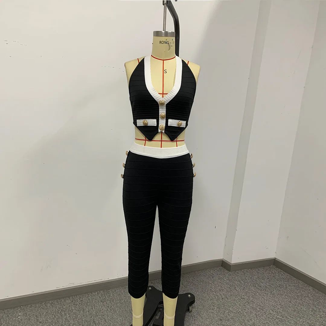 Elegant Black White Sleeveless Halter Backless Vest + Bandage Capri Pants Suits For Ladies Urban Street Casual Night Out Outfit view 4