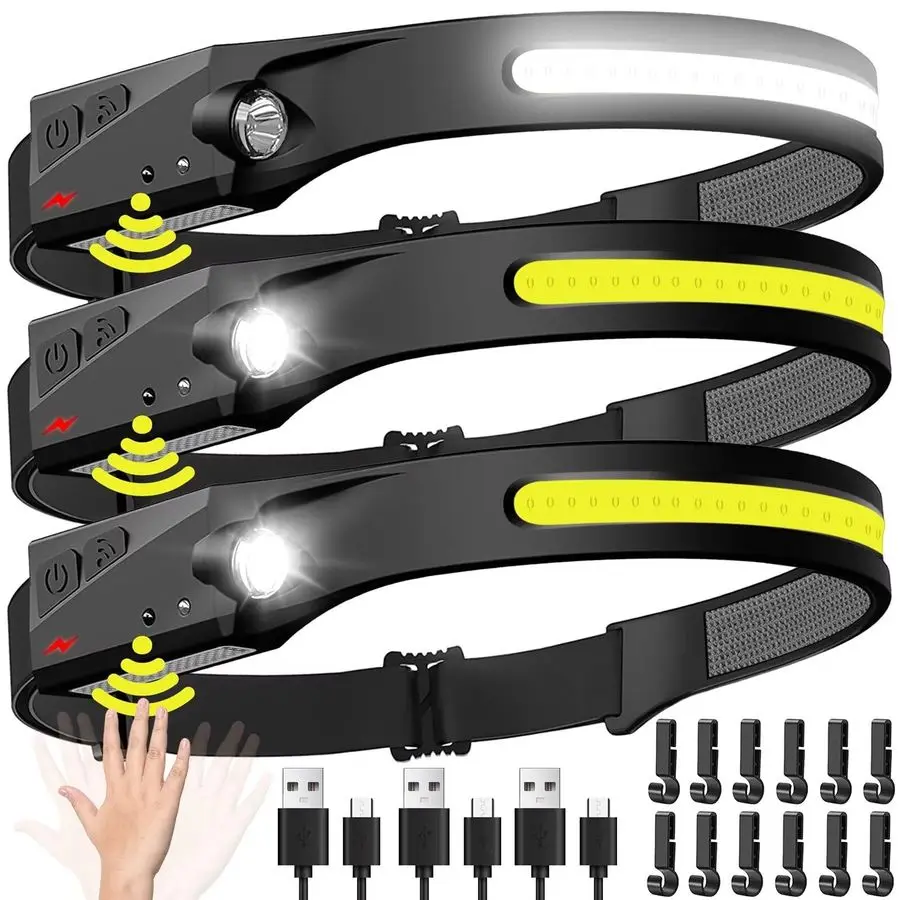 

Налобный фонарь перезаряжаемый, 3 шт., 230 лм, широкий луч, светодиодный, с датчиком движения, для взрослых, для кемпинга, водонепроницаемый