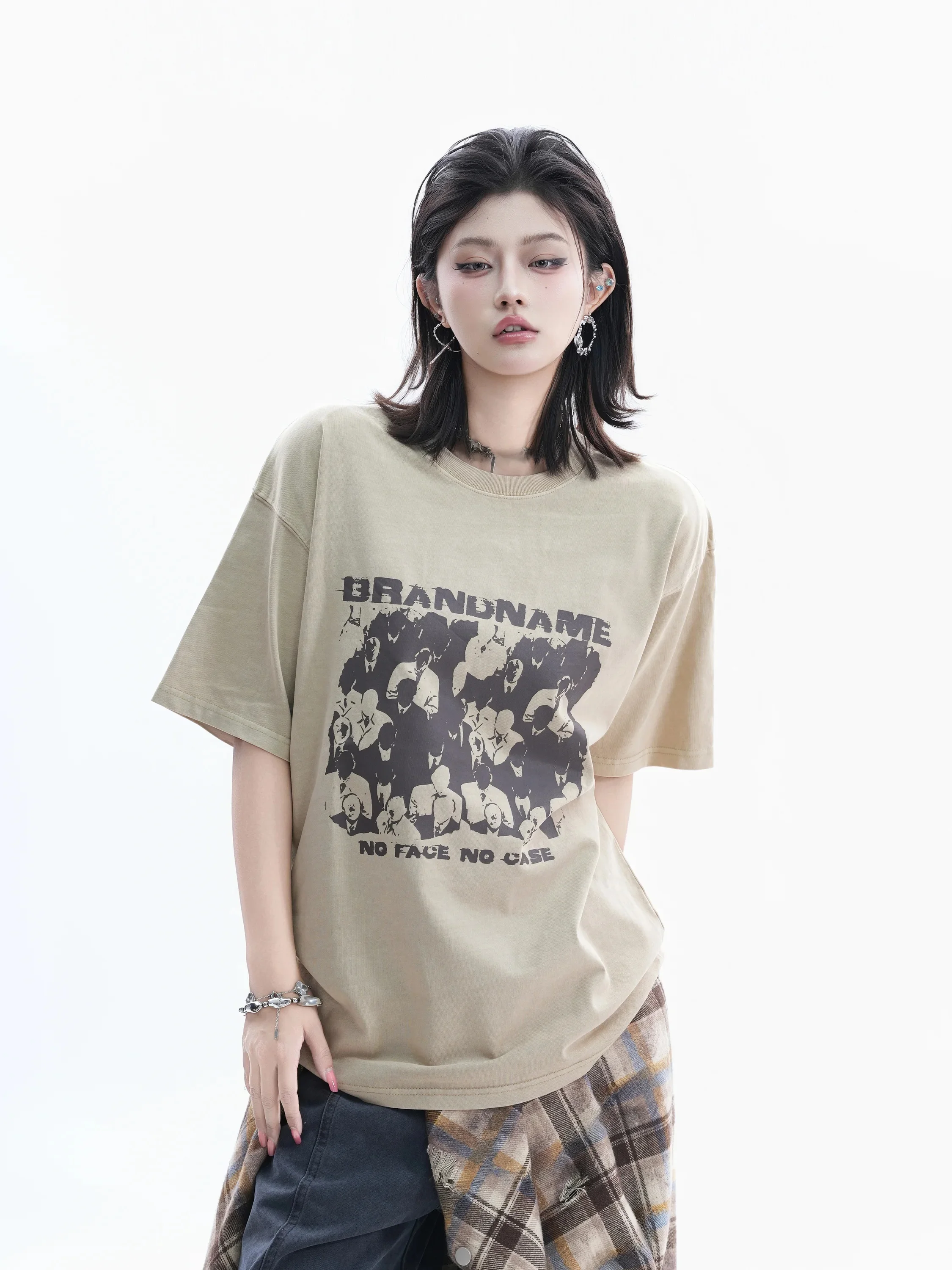 Retro American Style Women's Loose Fit Short Sleeve T-shirt Shadow Print Cotton Casual Top for Street Wear Summer Fashion