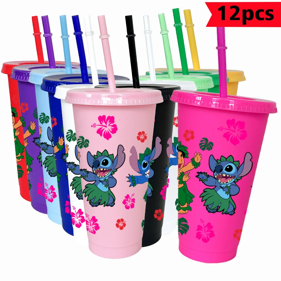 

12pcs/lot Disney Stitch Floral 26oz Colorful Plastic Tumbler Birthday Party Drinkware Juice Coffee Cup