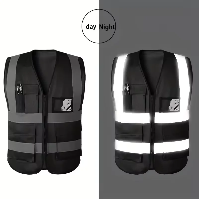 Hilo Rompi Reflektif Hitam Rompi Reflektif Rompi Berkendara Lalu Lintas Overall Ritsleting Multi Saku