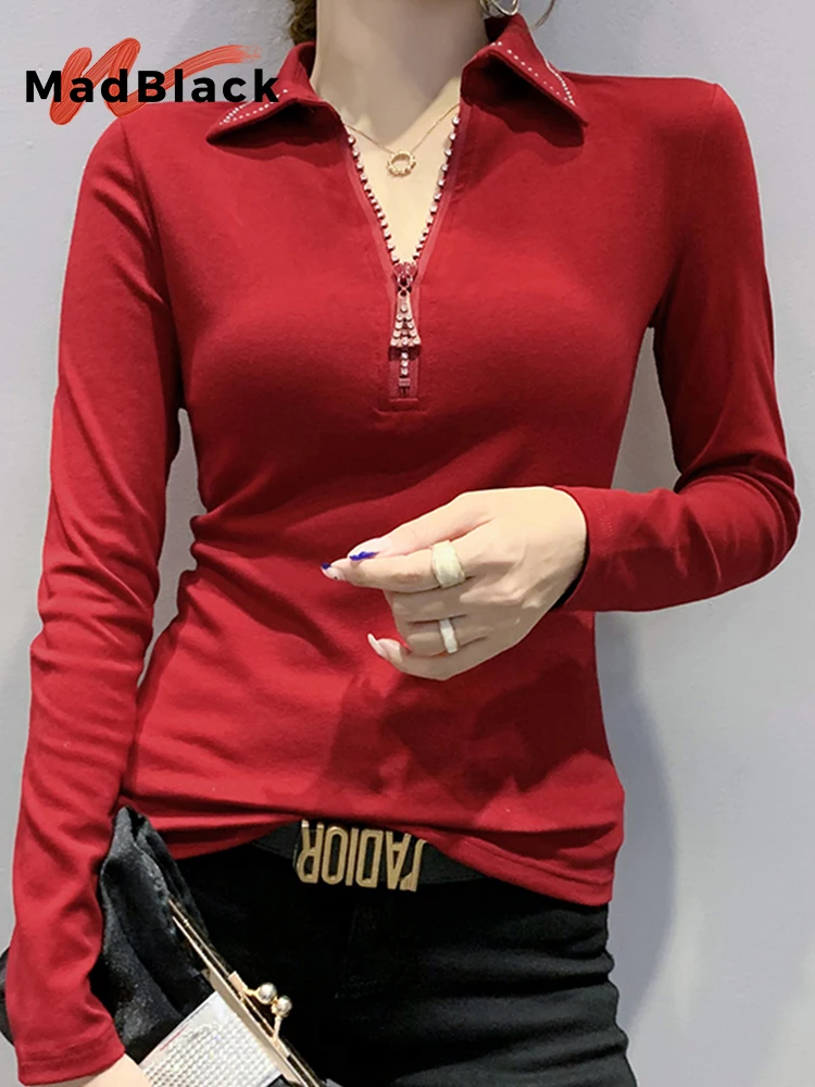 MadBlack Fall Spring European Clothes Cotton T-Shirt Sexy Turn-down Collar Diamonds Zipper Women Tops Lady Casual Tees T31714X