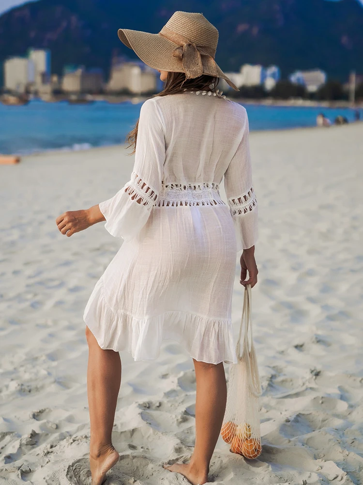 Summer Crochet Boho Beach Swimsuit Bikini Cover Up Lace-Up Hairball Long Blouse Hollow Out Open-Front Cover-Up Duster Kimono