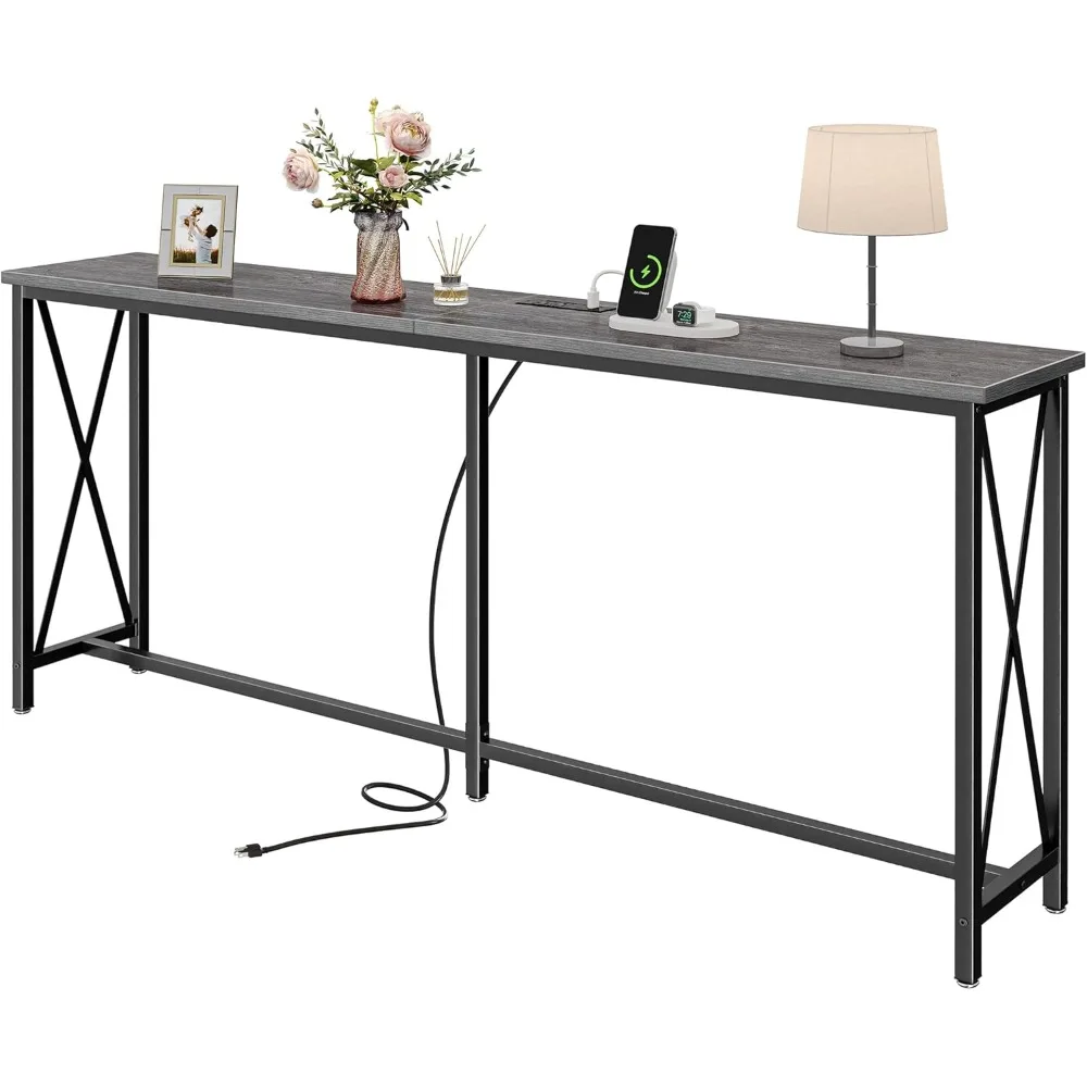 

70 Inch Console Table with Outlets and USB-C Port, Extra Long Behind Couch Sofa Table with X-Shaped Design, Narrow for Entryway