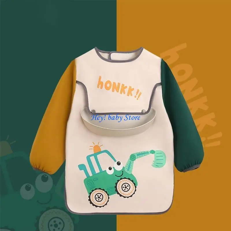 

Q1FE Waterproof Baby Cartoon Printed Bib Children Adjustable Long Sleeve Painting Apron Infant Feeding Smock Burp Cloth Saliva