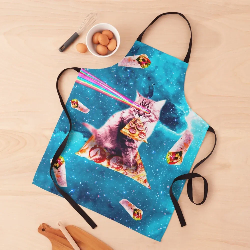 

Space Cat Eating Pizza - Rainbow Laser Eyes, Burrito Apron painters Chef Accessory Apron