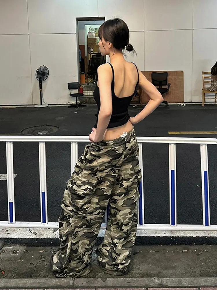 Women Oversize 2000s Aesthetic Camouflage Pants Baggy Wide Leg Pantalones Drawstring Long Trousers Trashy Y2k Japanese Grunge