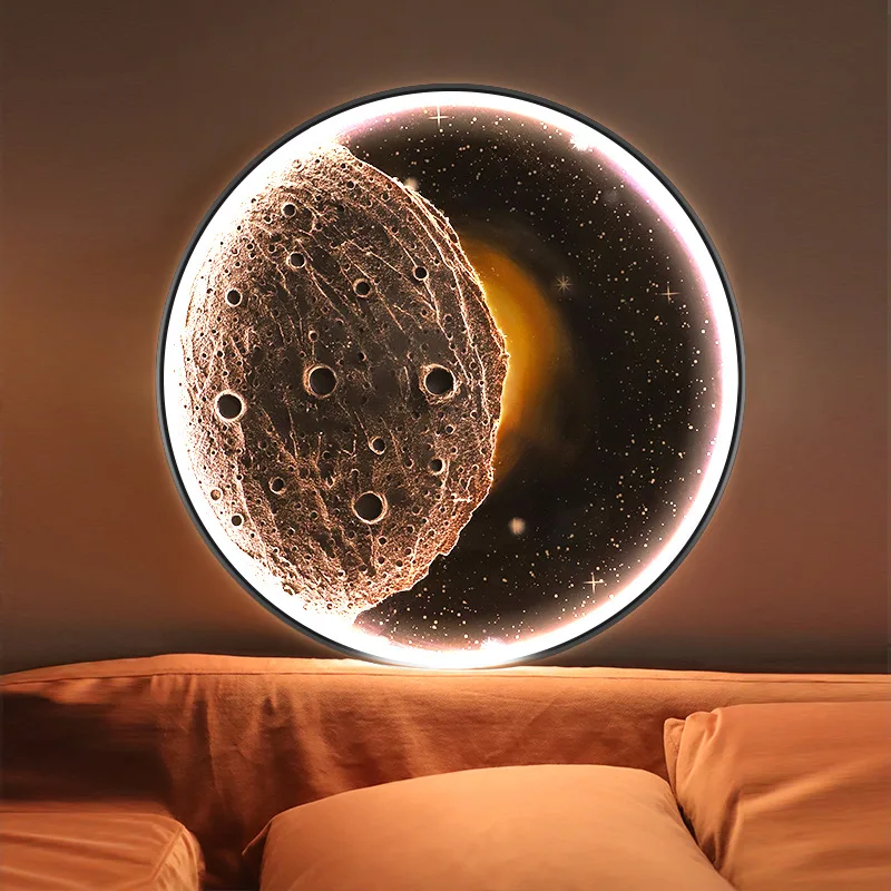 

Three-dimensional hand-painted moon decorative painting living room round starry sky lamp mural simple bedroom atmosphere lumino