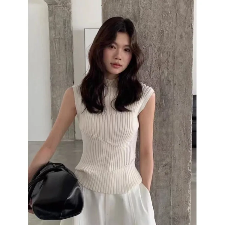 

Chic White Half High Collar Sleeveless Knitted T-Shirt Women's Summer Small Size Beautiful Design Sense Vest Top Korean Style