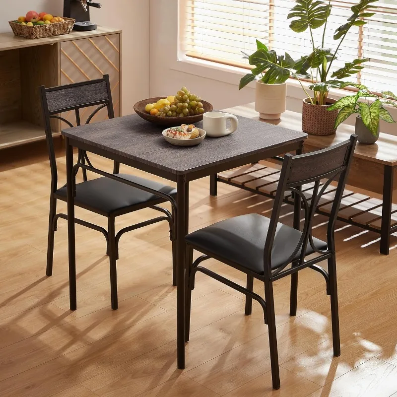 

Kitchen&Dinning Room 3 pieceTable Dinner Table Pu Cushion Chair Small Space,Modern Industrial Style,Dark Brown, Dining set for 2