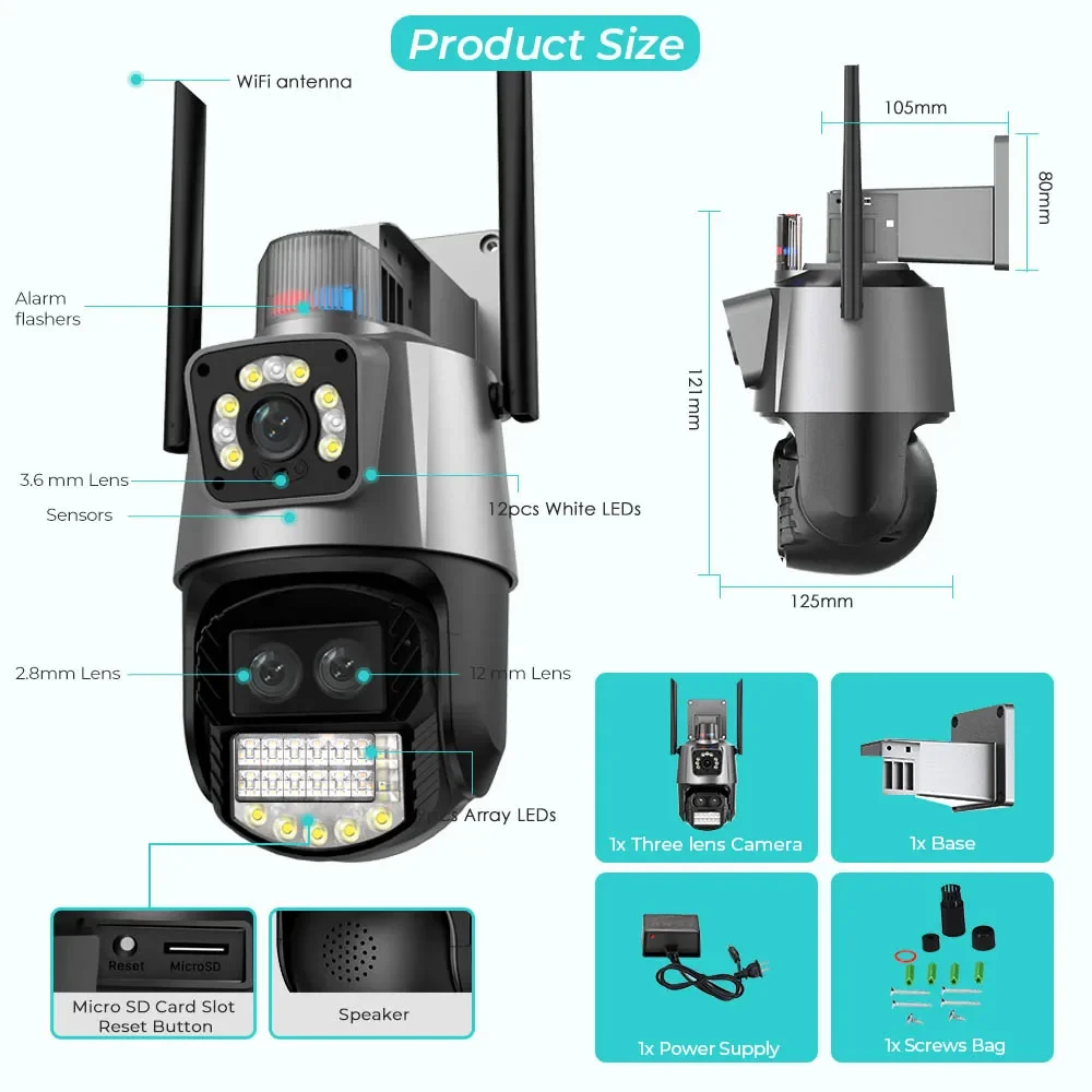 6K 12MP HD PTZ IP Camera Outdoor 8X Zoom Three Lens Dual Screen Wifi Camera Police Light Alarm Video Surveillance Onvif ICSEE