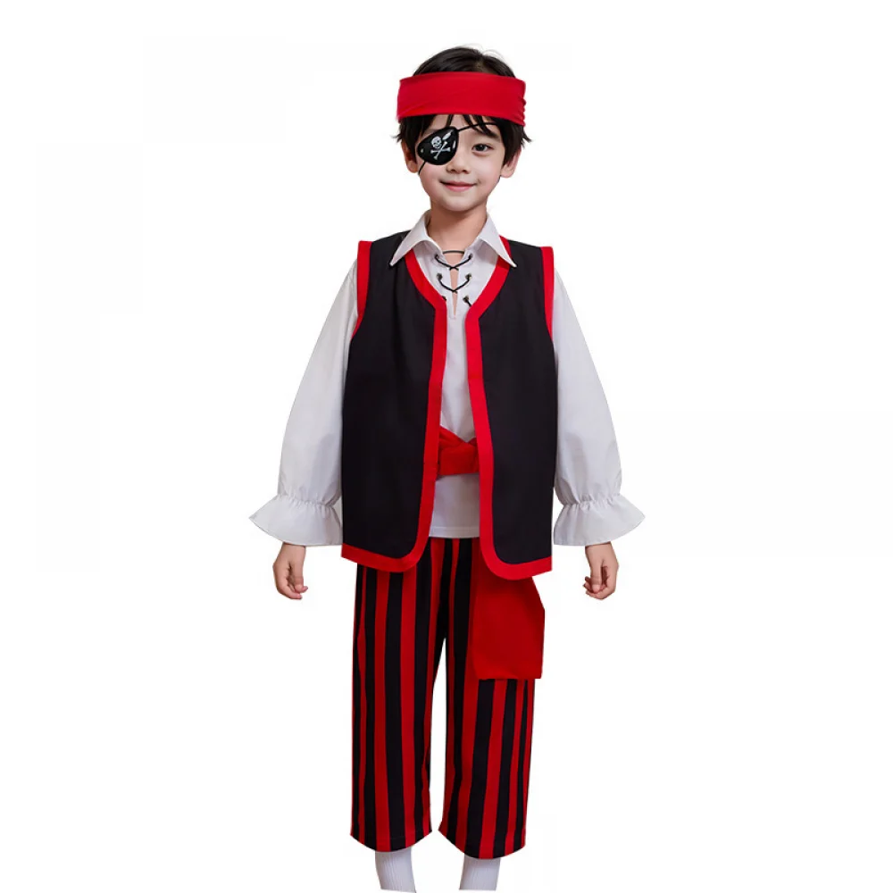 

Game Cos 6 Pcs Pirate Cosplay Costume for Kids Coat Pants with Accessories Eye Petch Headgear Child Performance Set for Party