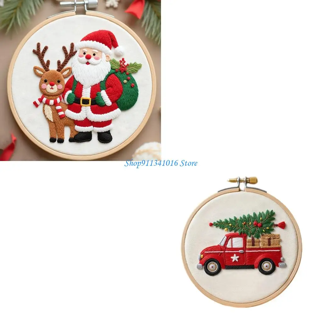 Weihnachtsmuster-Stickset mit Anleitung, Anfänger-Stick-Bastelset mit Sticktuch-Reifen-Fadennadel