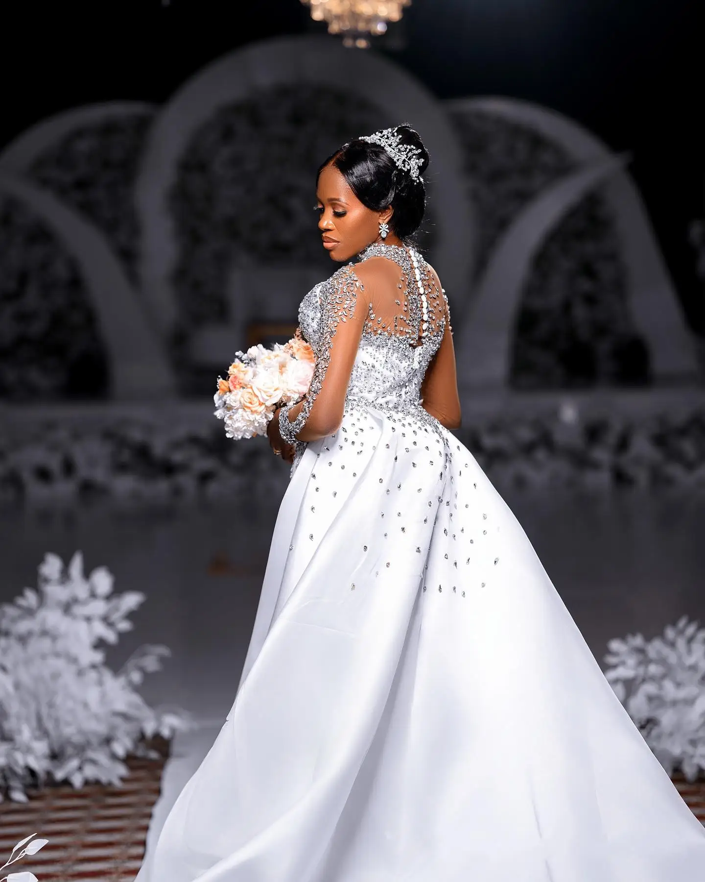 Customized  Spark Heavy Crystals Beads Mermaid Wedding Dress with Removable  Satin Skirt Full Sleeves Button Back Bridal Gowns