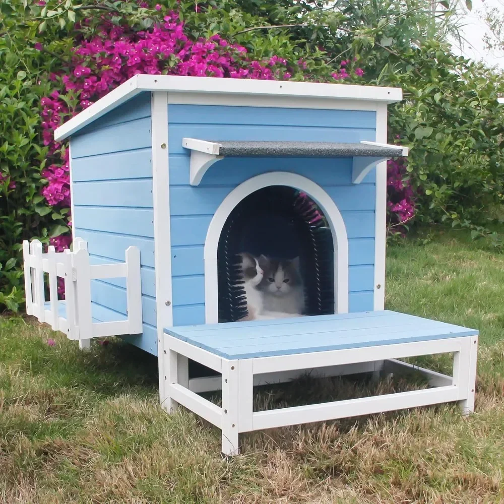 Large Cat House Outdoor Feral Cat Condo Indoor Wooden Kitty Kitten Shelter Weatherproof With Cat Brush Cats Pet Products Bed For