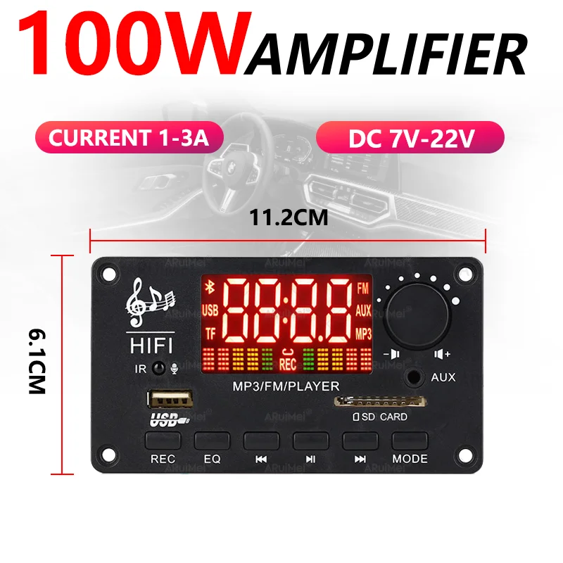 100W Car Equalizer Amplifier Module Board 2*50W Stereo Amplifier with Bluetooth DC 7V-22V FM USB TF AUX