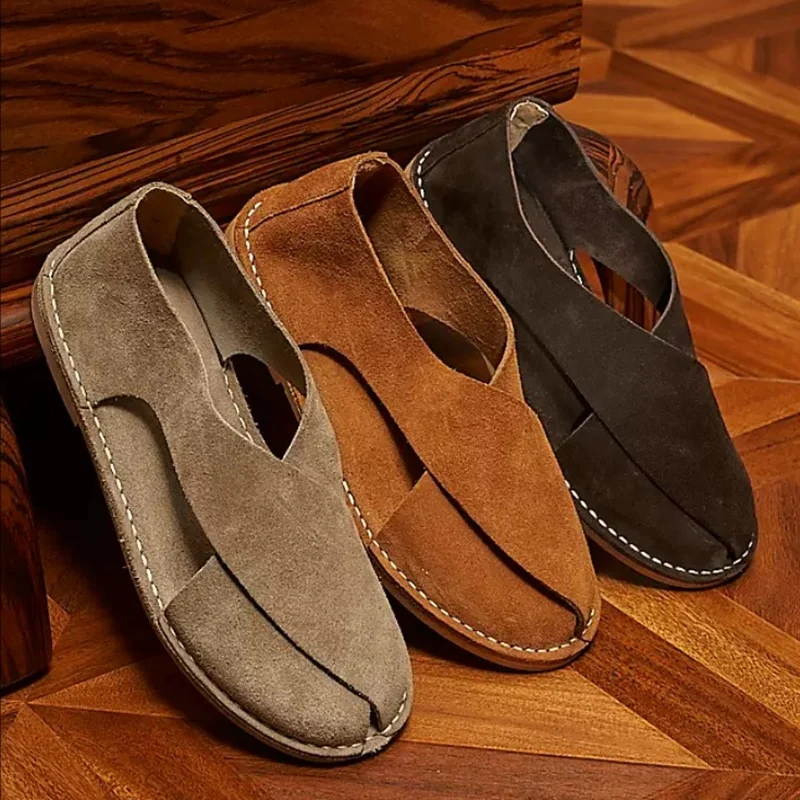 

Hand-sewn British Retro Suede Sandals For Men Slip-on Summer Loafers Flats Casual Lazy Shoes Genuine Leather Roman Sandals