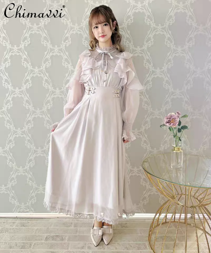 

Japanese Mass-Produced Sweet Cute Bow Lace Trim Patchwork Mesh Dress Lolita Fairy Long Sleeve Elegant Princess Dress Women