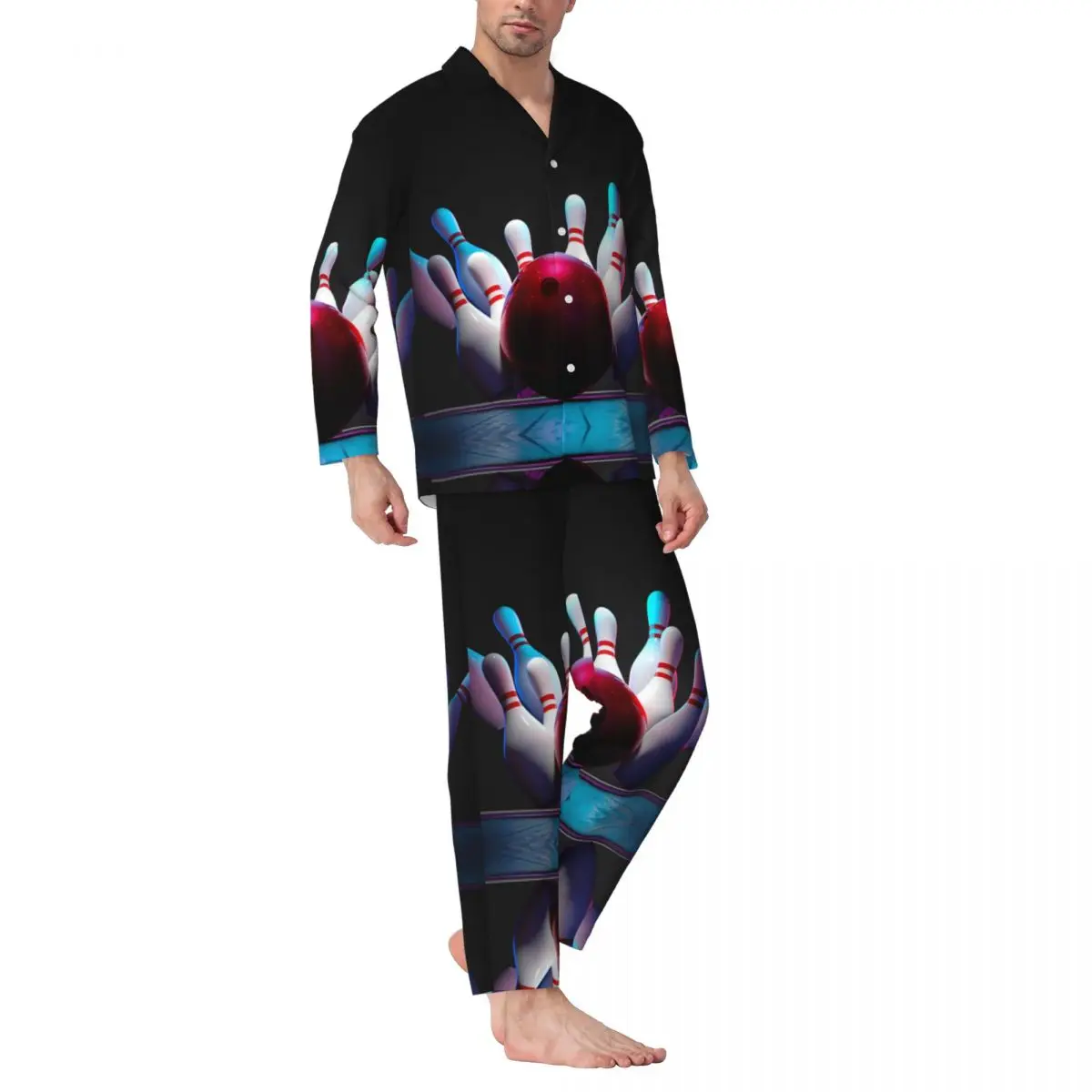 Bowling Ball Hitting Pins Long-sleeved Trousers Pajamas for Men Autumn and Winter Homewear Sleepwear Sets